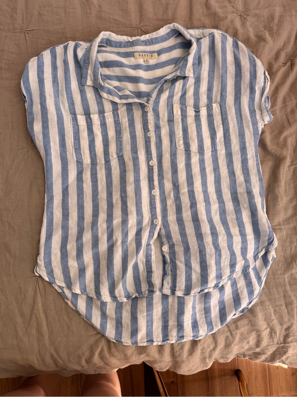 Harper Blue and White Striped Button-Up Blouse